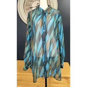 Ashley Stewart Sheer Blouse Size 18/20 Geometric Pattern Long Sleeve Button Down